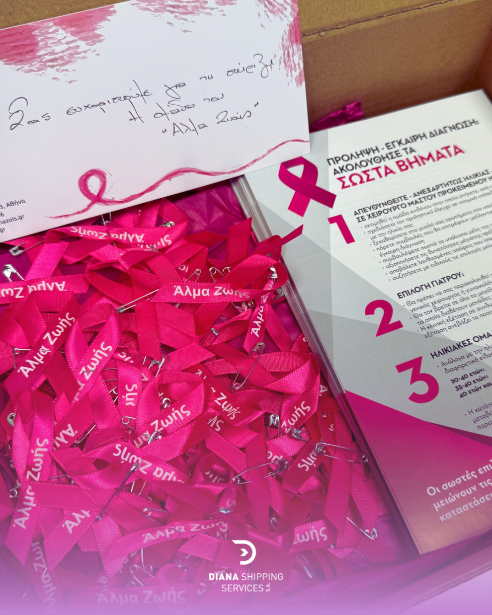Pink ribbons and flyers by Alma Zois